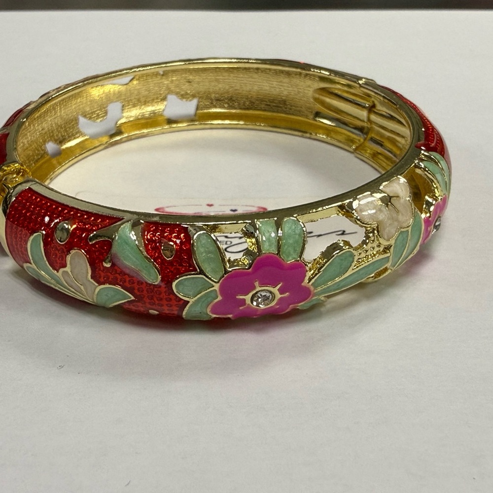 Bling Jewelry Red pink and Gold Floral bangle Bracelet
